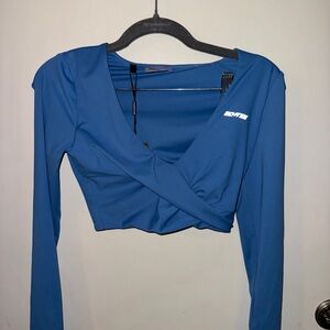 BO+TEE Blue Long Sleeve Wrap Top